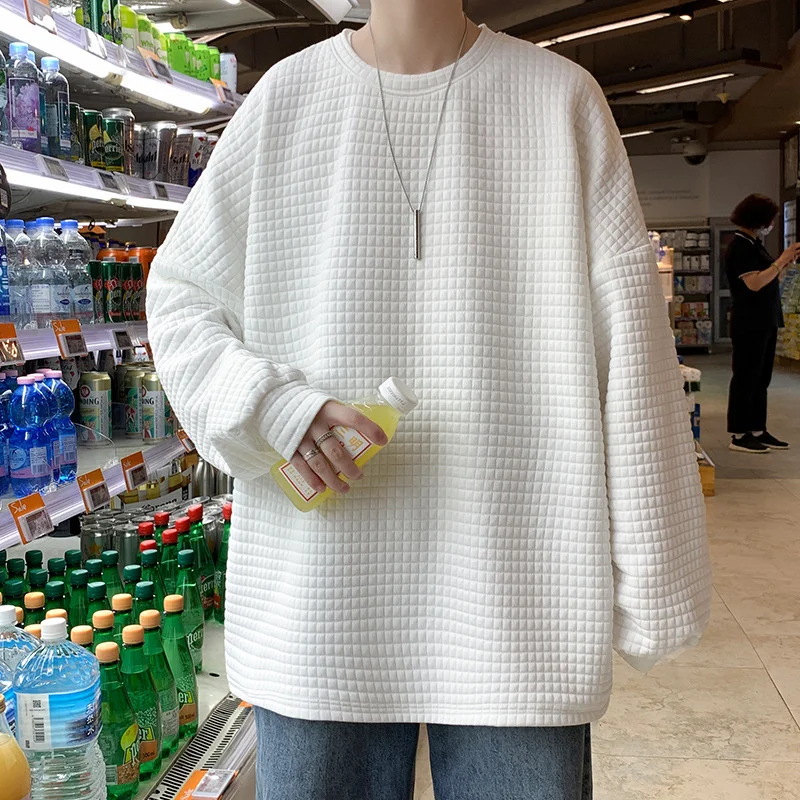 High quality Fall 2023 New Loose Men's Student Sweater Waffle Round Neck Pullover Solid Casual Top Trend