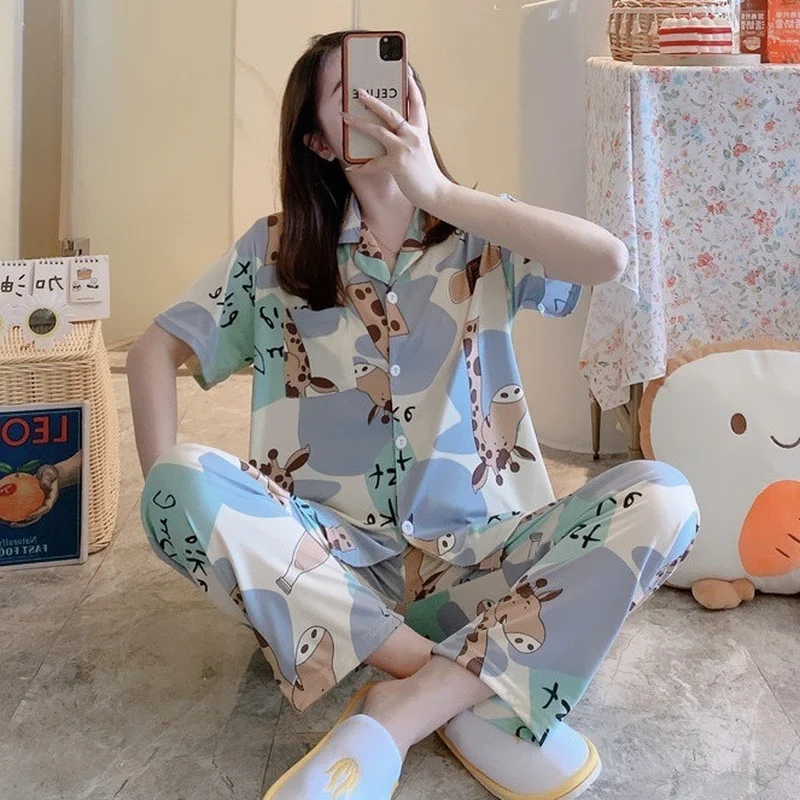 

Women's Home Clothes Short Sleeve Cardigan Lapel Pyjamas Sweet Cartoon Loungewear Sleepwear 2 Piece Set Pajamas for Women