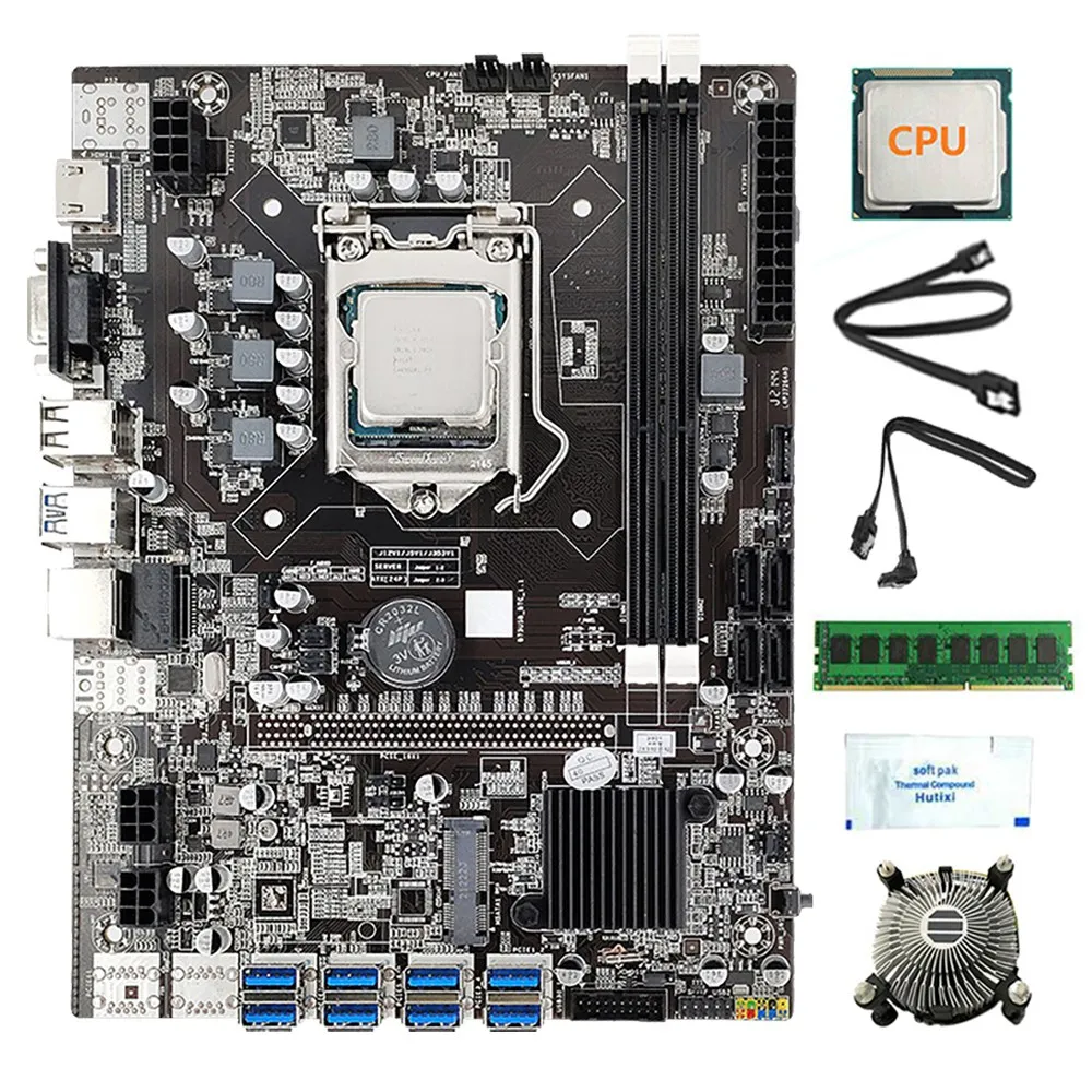 B75 8 Card GPU Mining Motherboard+CPU+Fan+Thermal Grease+4G DDR3 RAM+2X SATA Cable 8X USB3.0(PCIE) LGA1155 DDR3 SATA3.0