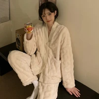 houzhou winter womens pajamas flannel solid color v neck pijamas with pockets sleepwear nightwear pyjama home wear pour female