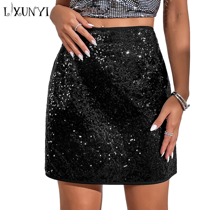 

Black Sequin Skirt for Women European and American Autumn Winter Ladies Sexy Club Mini Skirt High Waist Lolita Sweet Girl Skirts