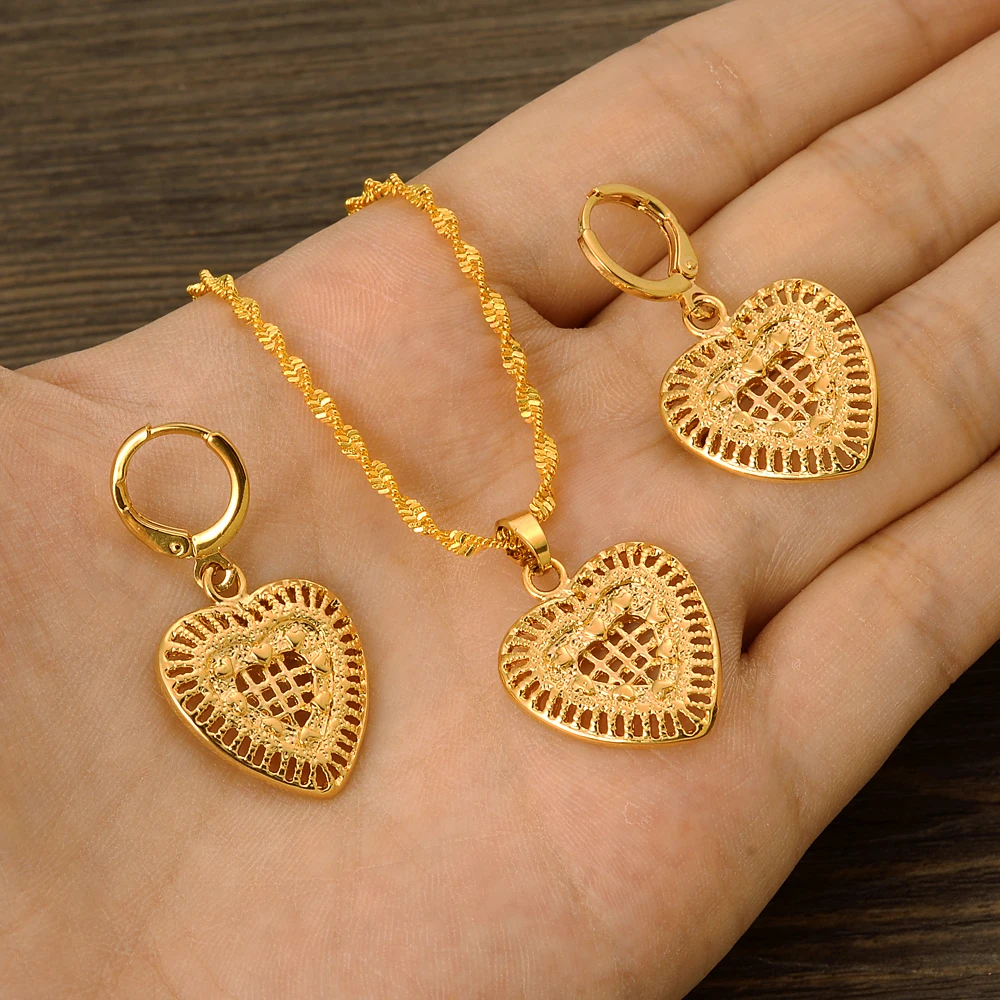 

Ethiopian Heart Jewelry Sets Classical Necklaces Earrings Set Gold Color Arab/Africa Wedding Bride's Dowry Women Gift