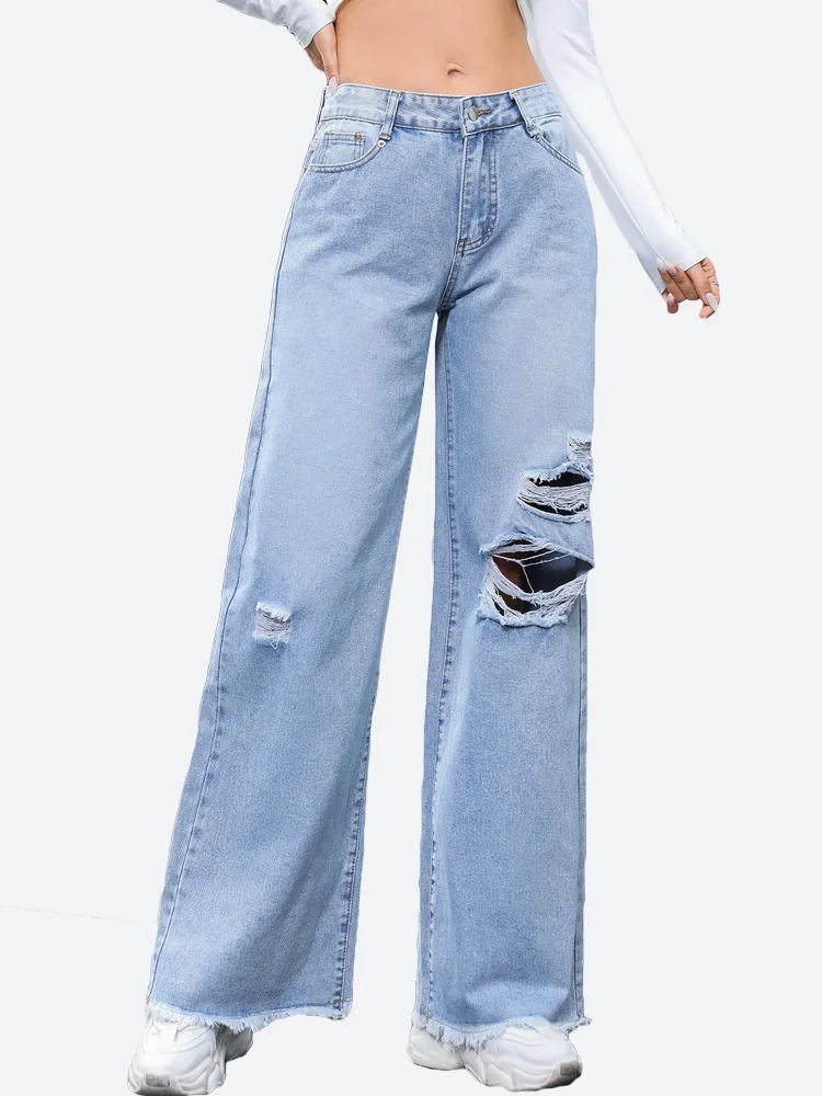 

Benuynffy Women's Ripped Boyfriend Jeans Streetwear Casual High Waisted Raw Hem Baggy Wide Leg Denim Pants with Pockets