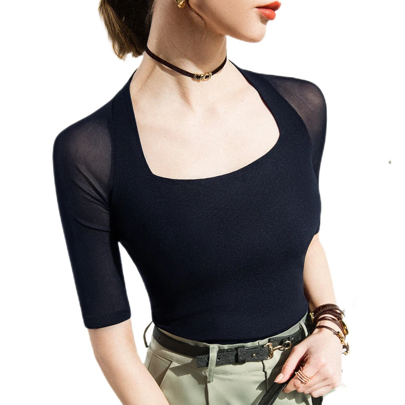 

Women Soft Cotton T-shirt Half Sleeve Square Collar Solid color Lady Basic Shirt For Spring & Autumn Causal Top
