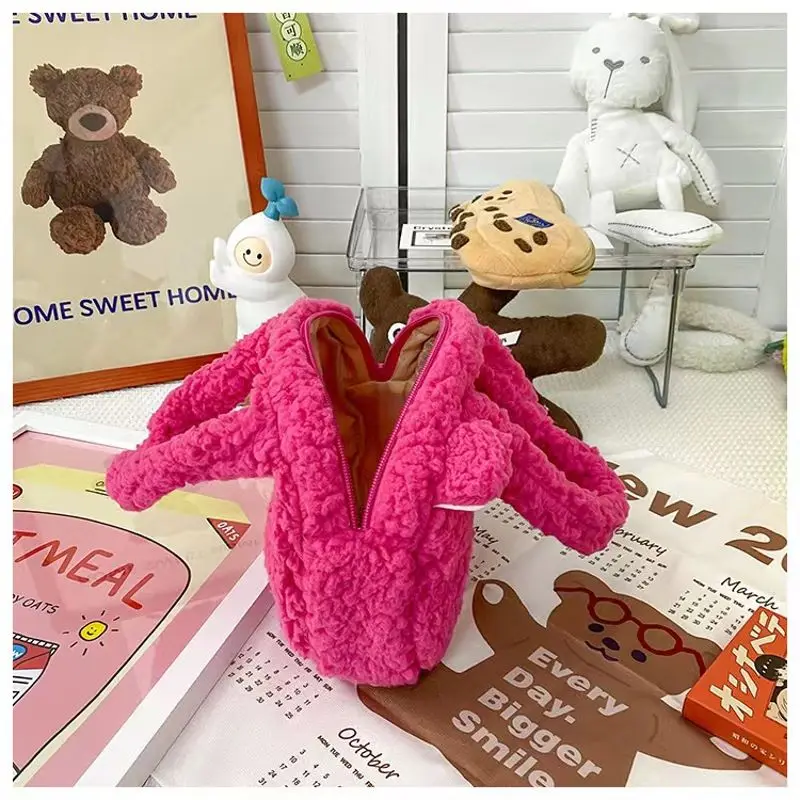 Korean Cute Lamb Flannel Bag 2022 Autumn And Winter Strawberry Bear Cartoon Bag Children's Casual Portable Going Out Handbag