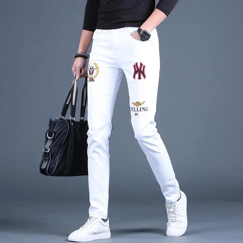 

High Quality Men's Fashion Embroidery Cotton Pants Cool&Sexy Casual Pants Classic Slim Style White &Black Stretch Trousers;