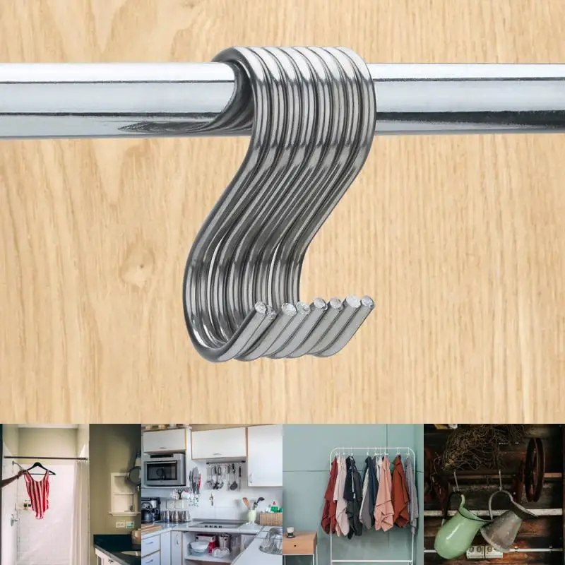 10pcs Stainless Steel S-type Hooks Clasp Railing Hanging Storage Hook Universal Kitchen Bathroom Organizer Holder Tools - купить по