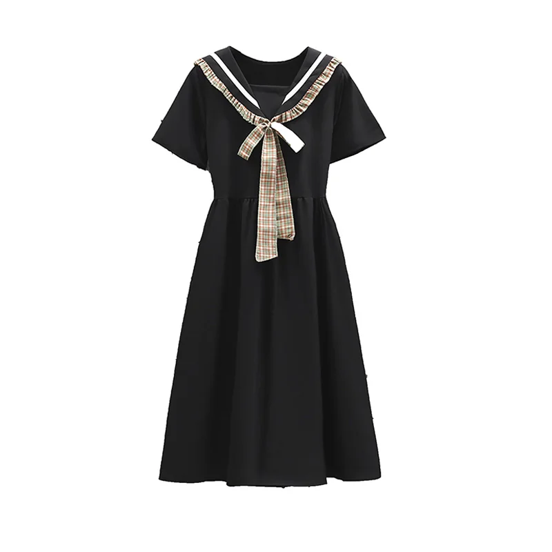 

Women Black Midi Long Dress Summer Plus Size 4XL Plaid Bow Tie Short Sleeve Casual Beach A Line Elegant Slim 2022 Party Vestidos