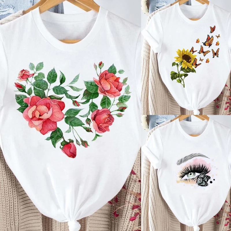 

Летние женские футболки, модная футболка с принтом Love Heart и коротким рукавом, милые женские топы, свободные женские футболки Kawaii