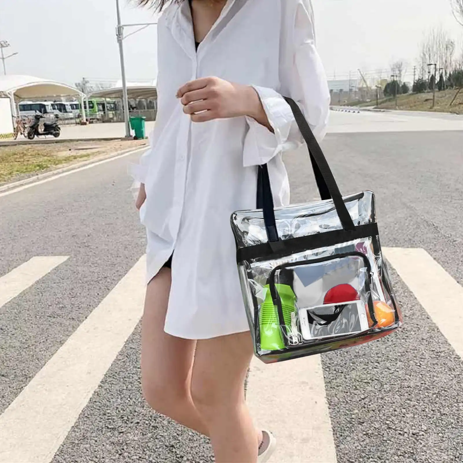 Clear Tote Bag, Clear Bag for Stadium, Clear Plastic Crossbody Bag with Adjustable Strap, Waterproof Messenger Handbag, Travel a