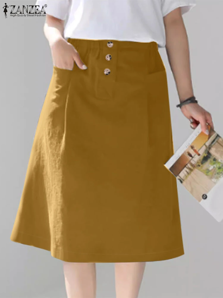 ZANZEA женские модные юбки с высокой эластичной резинкой на талии и пуговицами