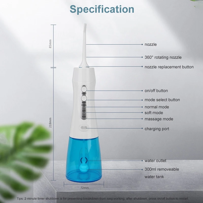 

Water Flosser Cordless Oral Irrigator 300ML Portable Rechargeable 3 Modes Water Flosser Braces & Bridges Care