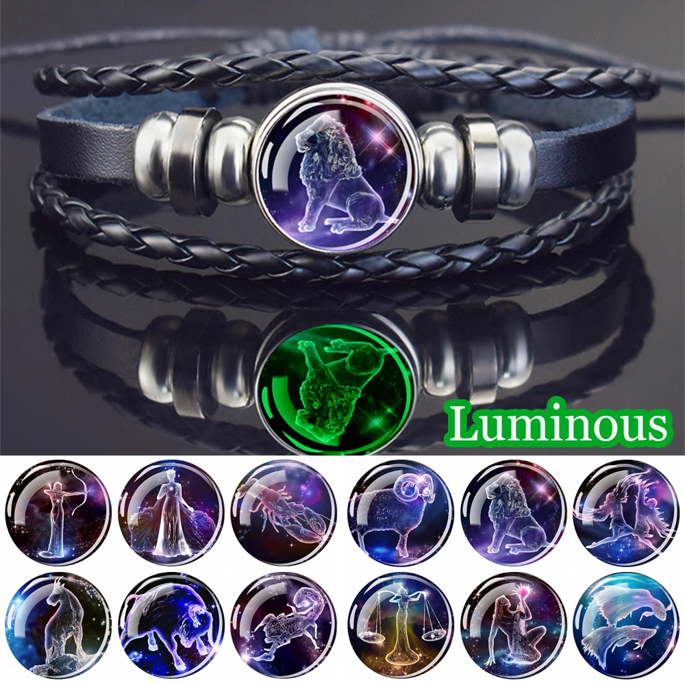 

12 Constellations Luminous Bracelets Glass Cabochon Glow In The Dark Zodiac Sign Leather Charm Bracelet Women Men Jewelry Gift