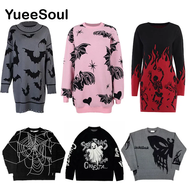 

Halloween Gothic Women Sweater Skeleton Bat Butterfly Printed Loose Oversized Sweaters 2022 Goth Harajuku Grunge Punk Pullover