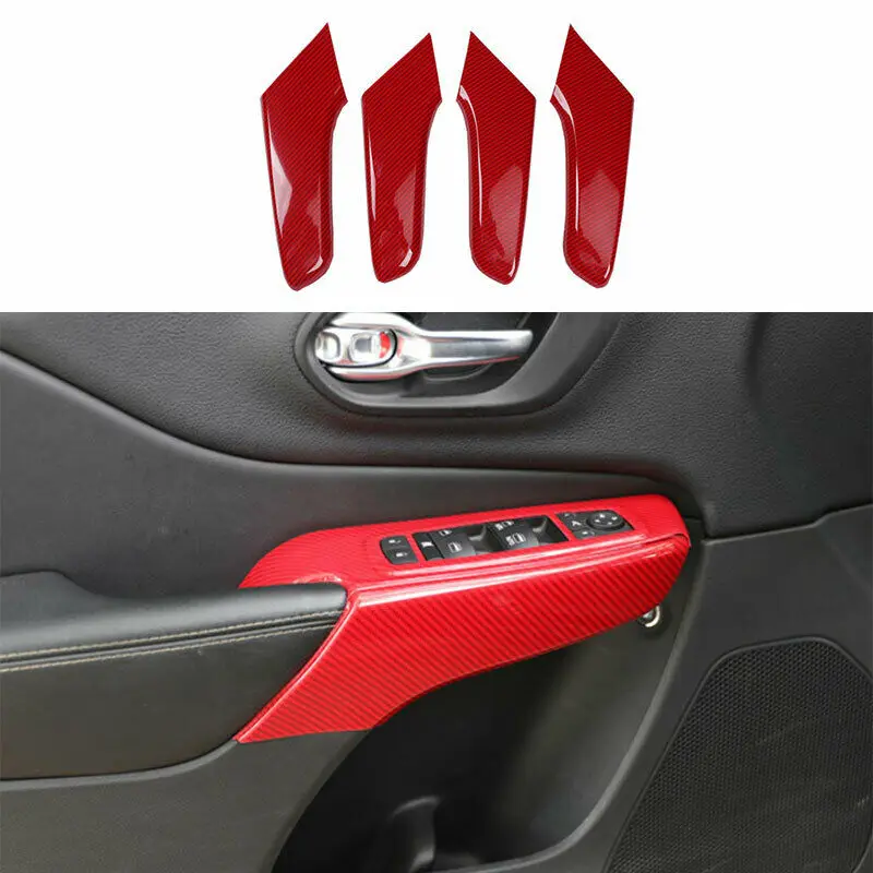 

For Jeep Cherokee 2014-2020 Red Carbon Fiber Inner Door Armrest Cover Trim 4PCS