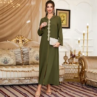 fashion muslim dress army green hand sewn diamond hood ladies arabian maxi dress 2022 new kaftan abayas djellaba moroccan