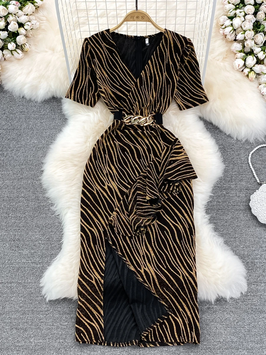 

Женское вечернее платье в полоску, синее/хаки платье средней длины с высокой талией и V-образным вырезом, яркое шелковое платье с разрезом, н...