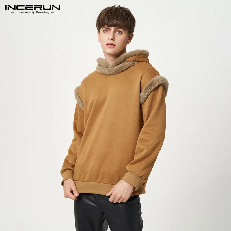 

American Style New Men Plush Patchwork Sweatshirts Casual Streetwear Male Hot Sale Solid Hooded Sweater S-5XL INCERUN Tops 2023