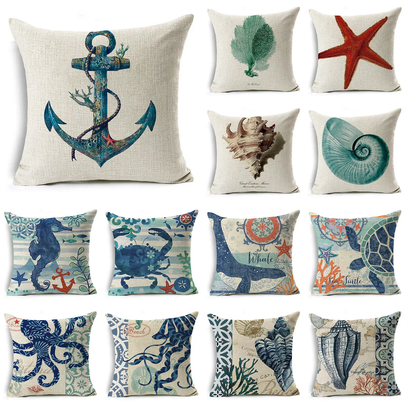 

Nordic Blue Marine Ocean Life Pillow Case Starfish Seahorse Anchor Linen Pillows Covers Sofa Home Decor 45x45 50x50 Pillowcase