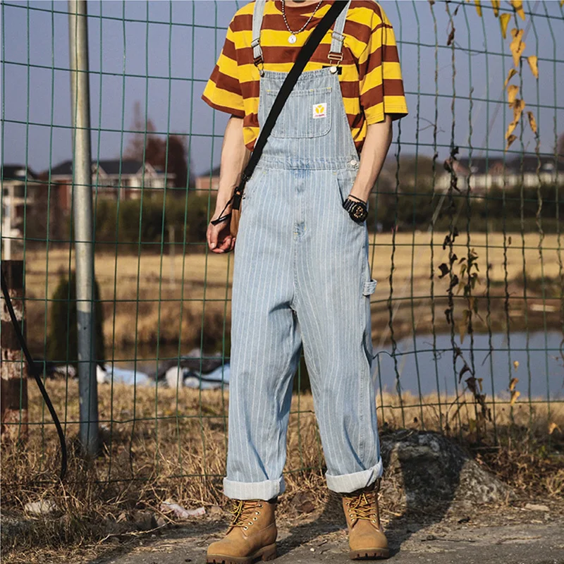Strap Jeans Overalls Loose Wide-leg Pants Men Korean Straight Baggy Jeans Streetwear Men Full Length Striped Pantalones Hombre