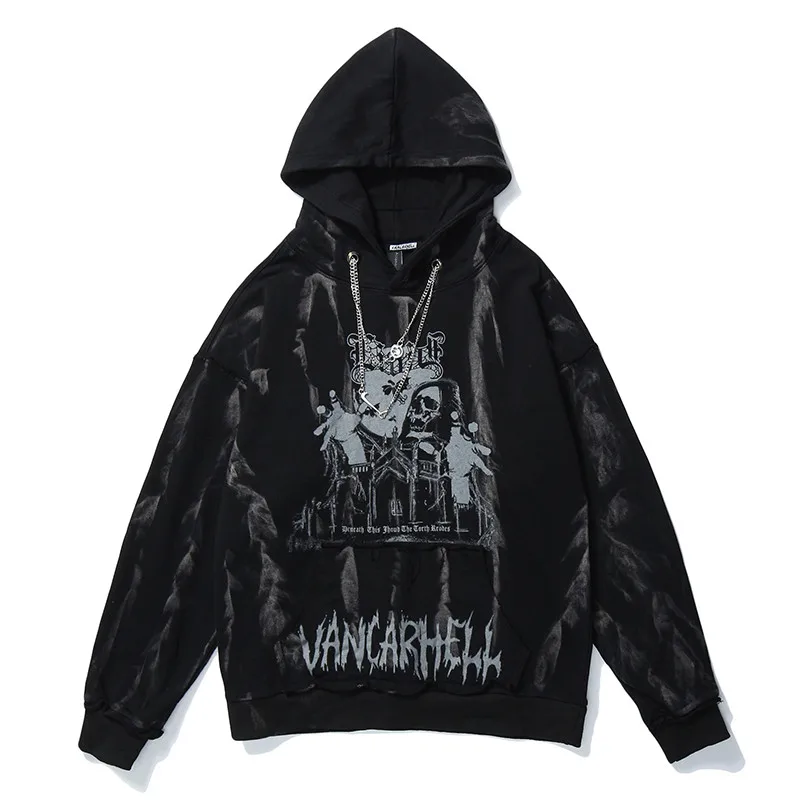 

Men Hip Hop Hoodie Sweatshirt Gothic Horror Skull Print Punk Chain High Street Hipster Baggy Hooded Pullover Streetwear