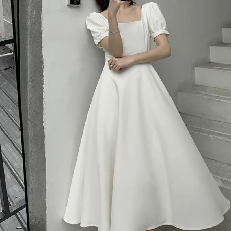 

New Women Autumn Spring Elegant Dress Square Collar Puff Sleeve Clothing Office Lady Fashion Slim Waist Sweet Party Maxi Dresses