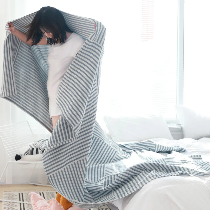

Bamboo Cotton Gauze Towel Quilt Striped Simple Style Three-layer Summer Bedroom Office TV Nap Blanket Soft Fabric Keep Warm NEW