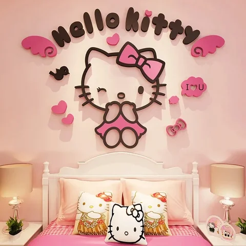 Акриловые 3D наклейки на стену Sanrio, стикеры с мультяшным рисунком Hello Kitty для девочек, спальни, детской комнаты, прикроватной тумбочки, милые декоративные наклейки