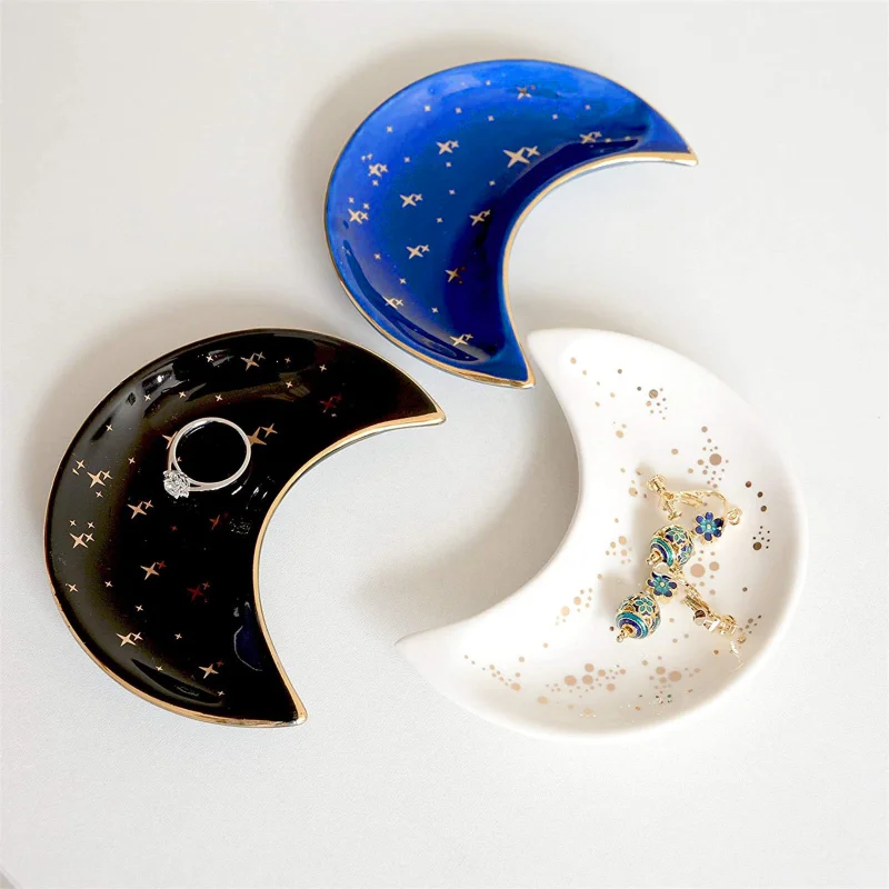 

Moon Shape Ceramic Storage Trays Sundries Jewelry Display Plates Necklace Ring Earrings Organizer Tools Home Storage Products