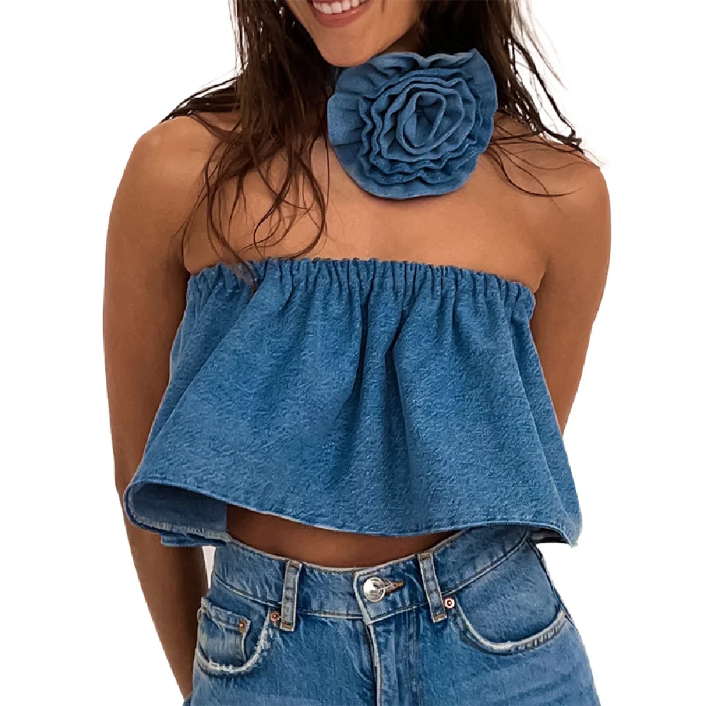 

Chic Flower Bib Off Shoulder Cowboy Crop Tops Women's Spring Summer New Elasticity Backless Denim Tank Top