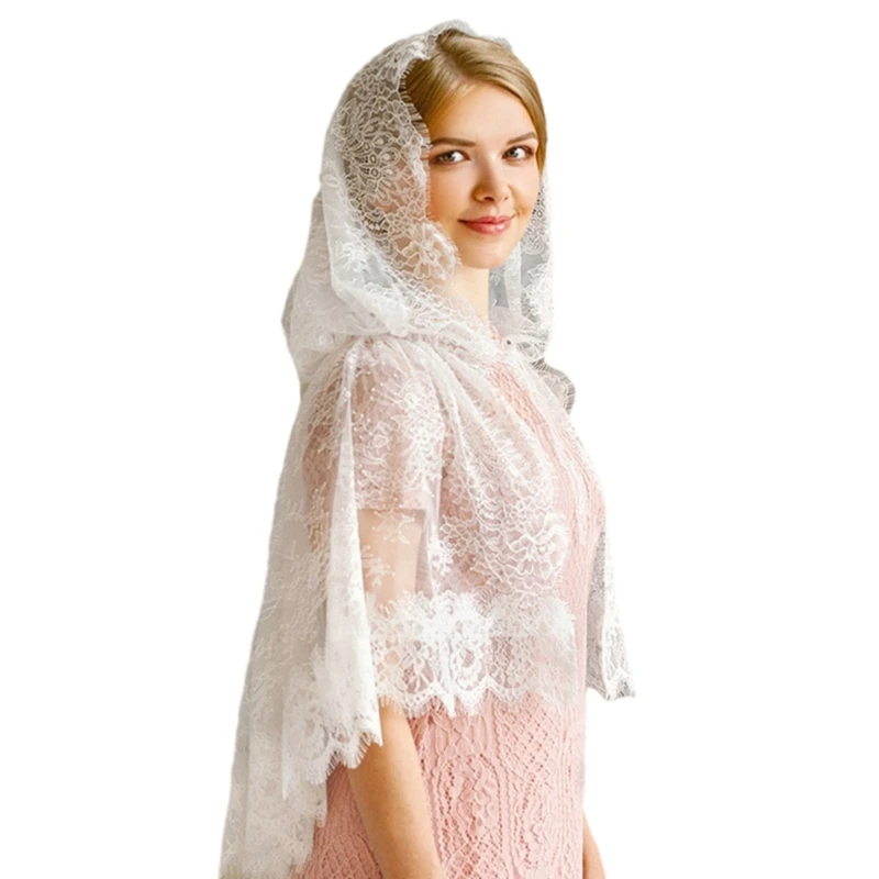 

Woman Lace Shawl Wedding Church Lace Trim Scarf Soft Lightweight Scarf with Hoodie for Hot Weather Sunproof Supplies