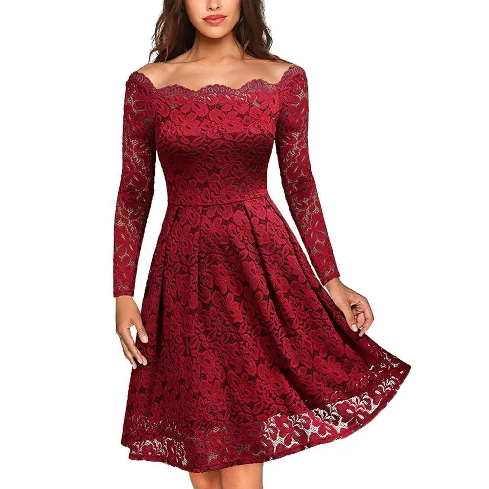 

Autumn Women Sexy Hollow Out Lace Off Shoulder Long Sleeve Tight Waist Party Midi Dress Slash neck Fit and Flare Vintage Dress