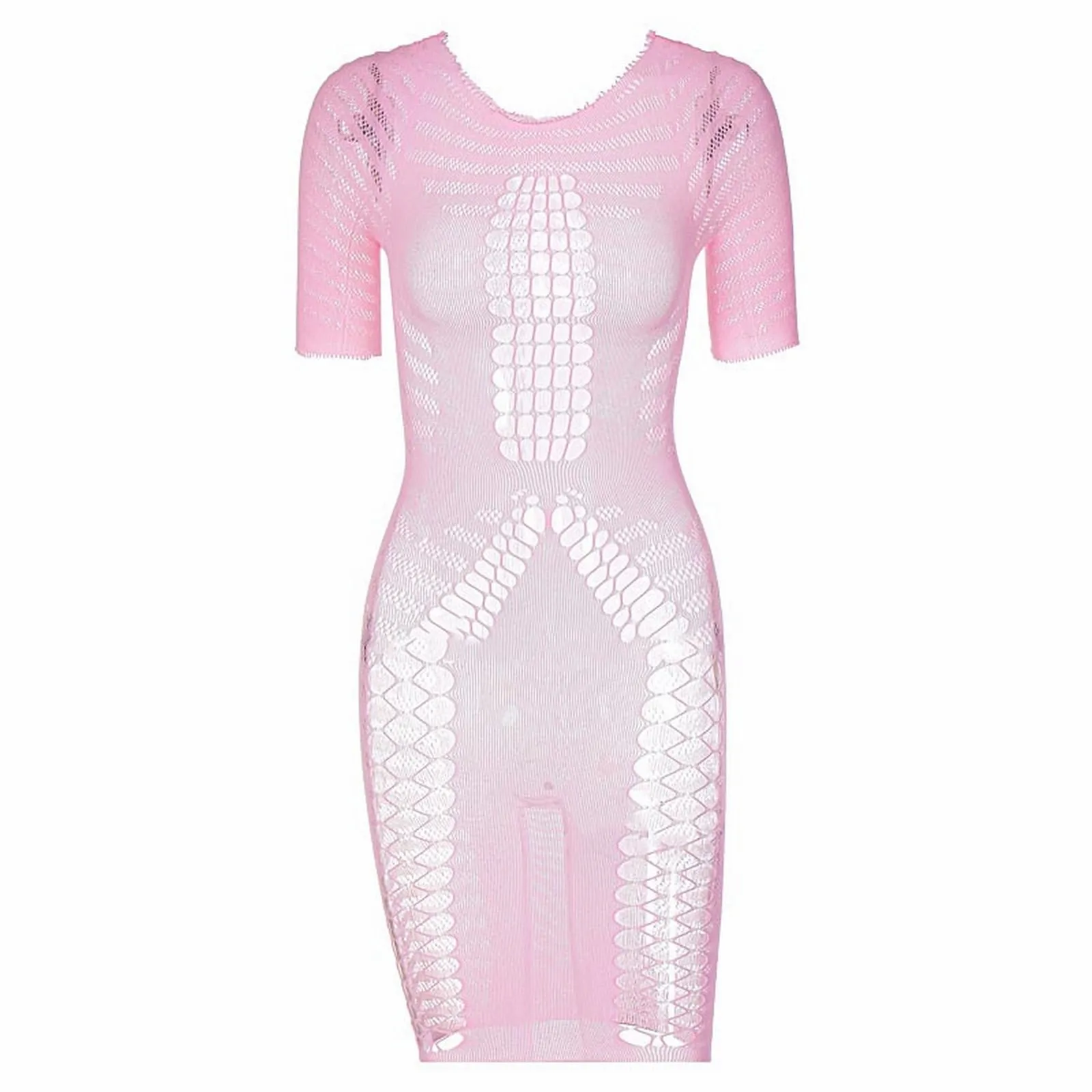 

Women Beautiful Dresses Women'S Slim Dress Nightclub Dress Hollowed Out Mesh Short Sleeve Crew Neck Dress Midi Dress with Slit