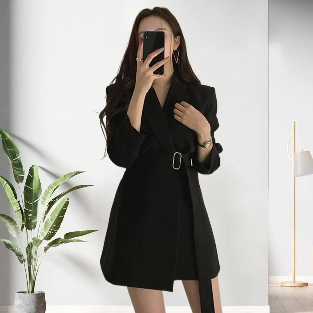 

Suit Jacket Lapel Collar Solid Color Long Sleeves with Waist Belt Elegant Commute Wear Slim Fit Autumn Women Blazer Office Forma