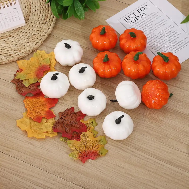 

12pcs Mini Faux Pumpkin Fake Vegetable Pumpkin Leaves Happy Halloween Decoration Home Halloween Props Holiday Supplies
