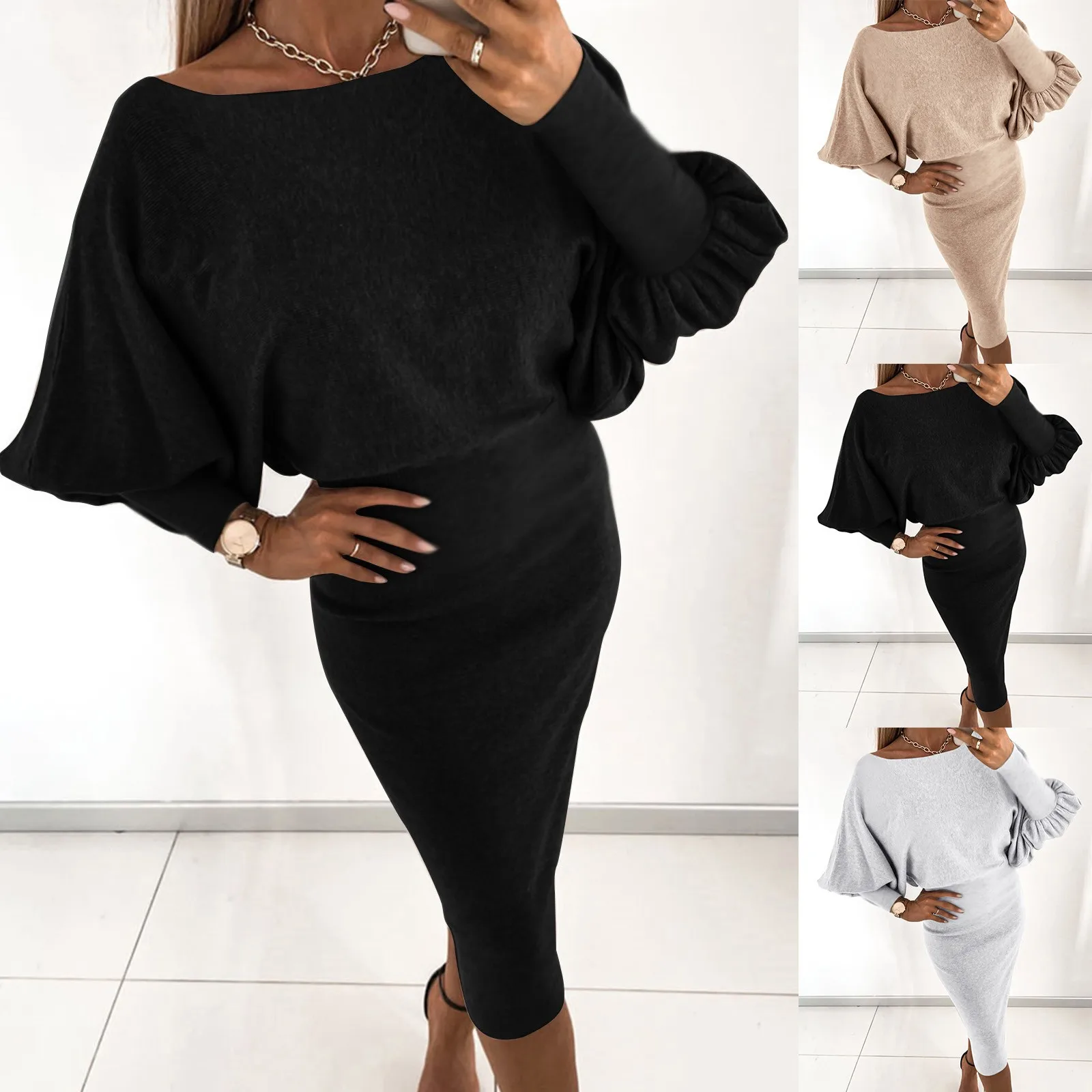 

Женское повседневное модное платье с длинным рукавом, однотонное приталенное платье-пуловер с круглым вырезом, свитер для платья без рукав...