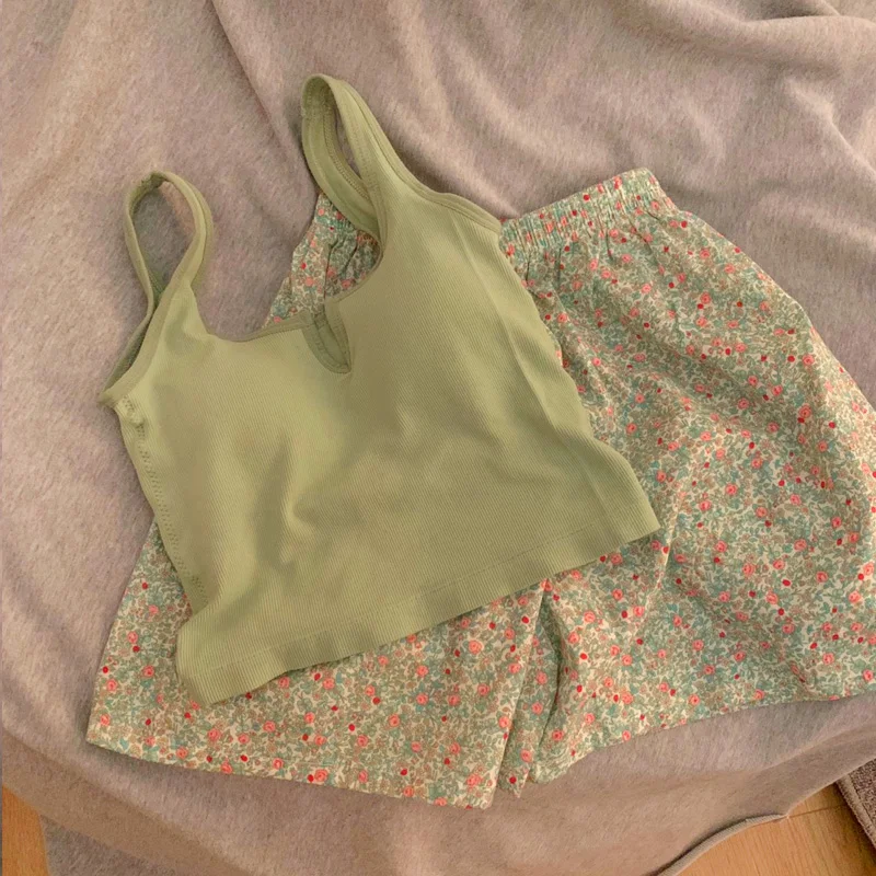 

Summer Floral Print Pajama Sets Women 2 Pcs Sexy With Chest Pad Top Shorts Suit Simple Home Lounge Off Shoulder Homewear Outside