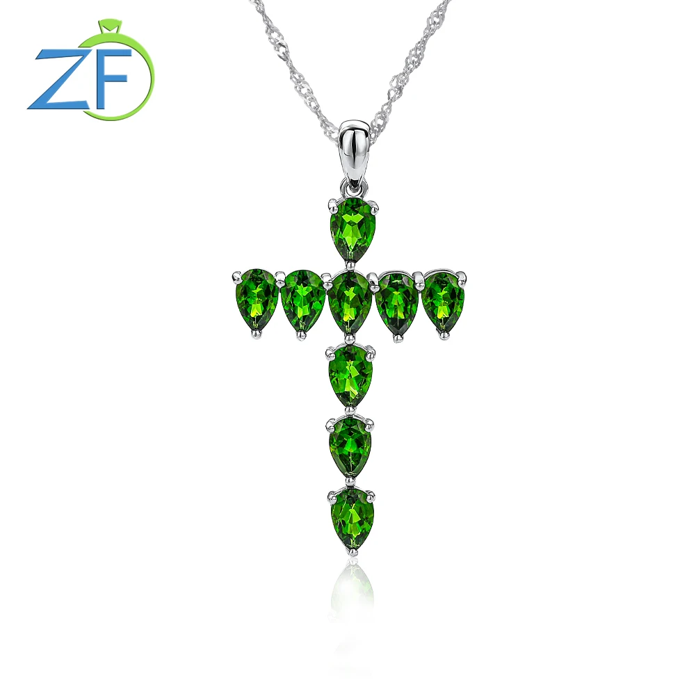 

GZ ZONGFA 100% 925 Sterling Silve Cross Pendant Necklace for Women Pear Cut Natural Chrome Diopside 3.5ct Gem Charm Fine Jewelry