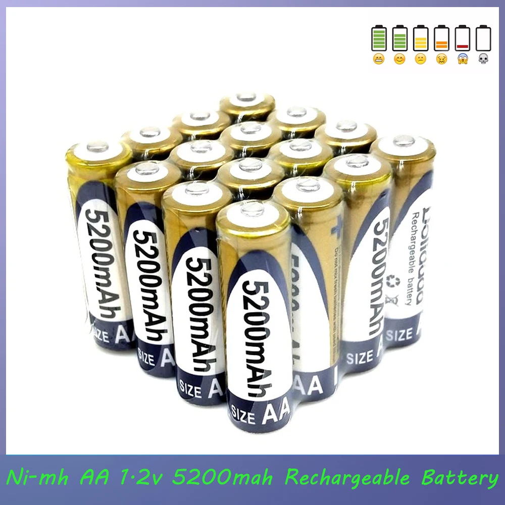 

New Ni-mh AA 1.2v 5200mah Rechargeable Battery 2a Batterie for Watches Mice Computers Toys Led Torch Camping Flashlight Batterie