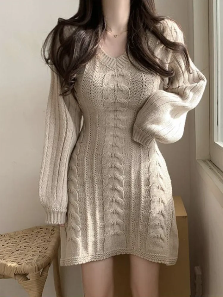 

Женское трикотажное платье-пуловер, повседневное однотонное трикотажное мини-платье с V-образным вырезом и рукавами-фонариками в Корейском стиле на осень, 2022
