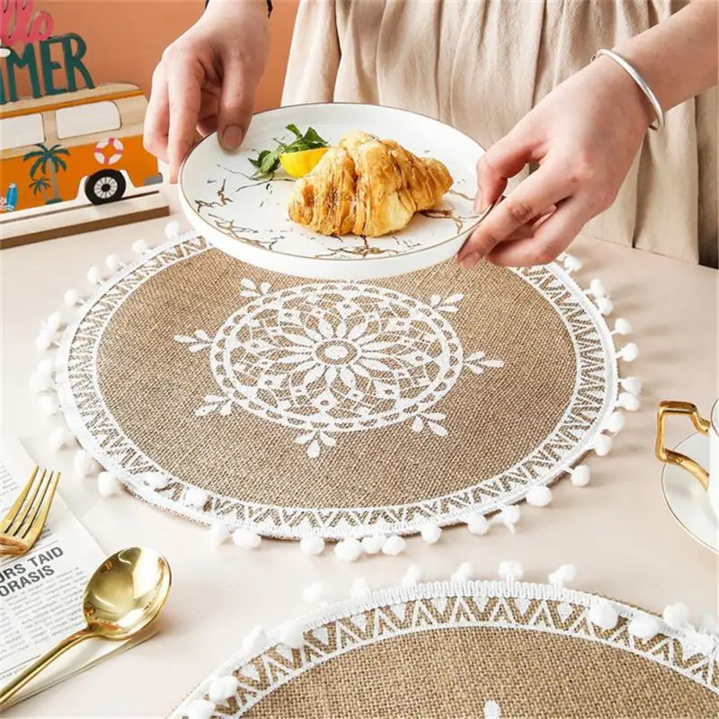 

Round Cup Mat Embroidery Nordic Table Mat Woven Cotton Dining Insulation Kitchen Decoration Accessories Jute Placemat Coaster