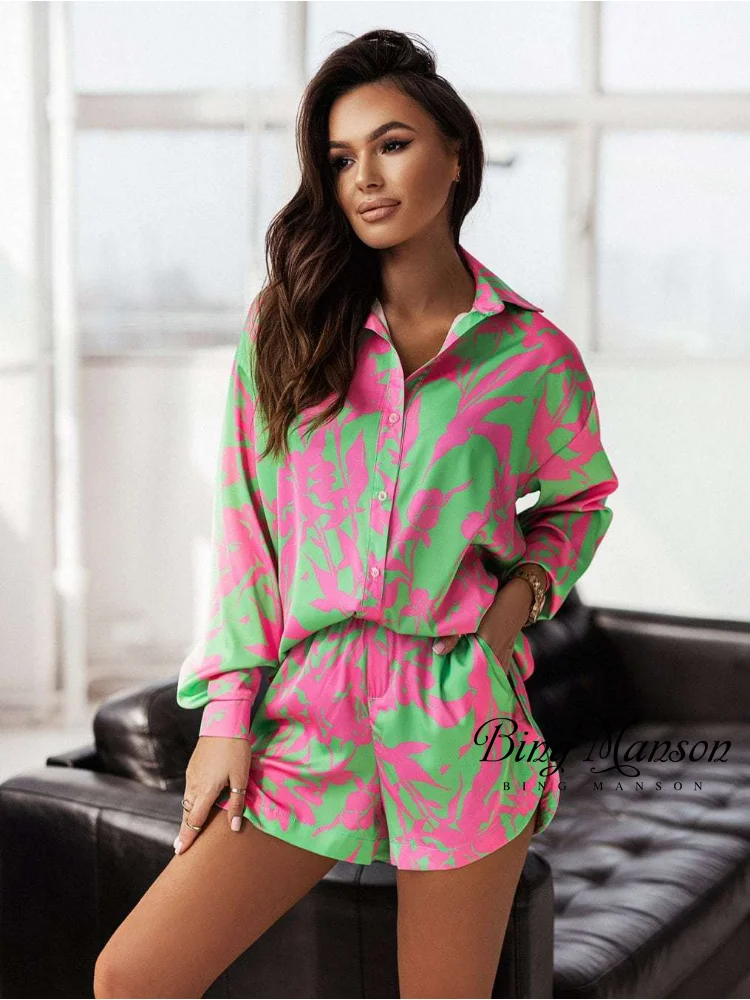 2023 Summer Women's Casual Loose Shirt Shorts Set Shirt Shorts Two Piece Printed Solid Color Fashion Piece Street Clothing