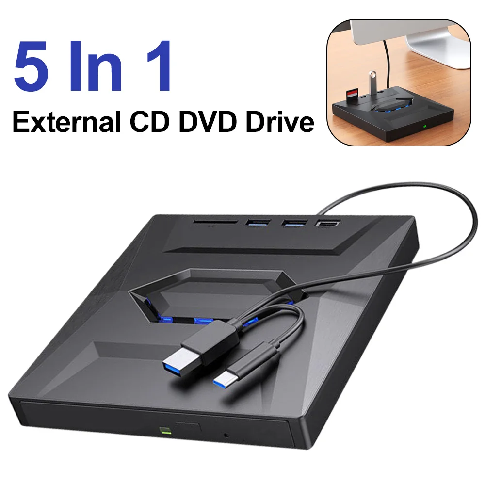 

USB 8/7 внешний CD DVD-привод с портами USB/Type-C + SD/TF-устройство для чтения дисков, привод для Mac/Linux Windows XP/10/ноутбуков и ПК