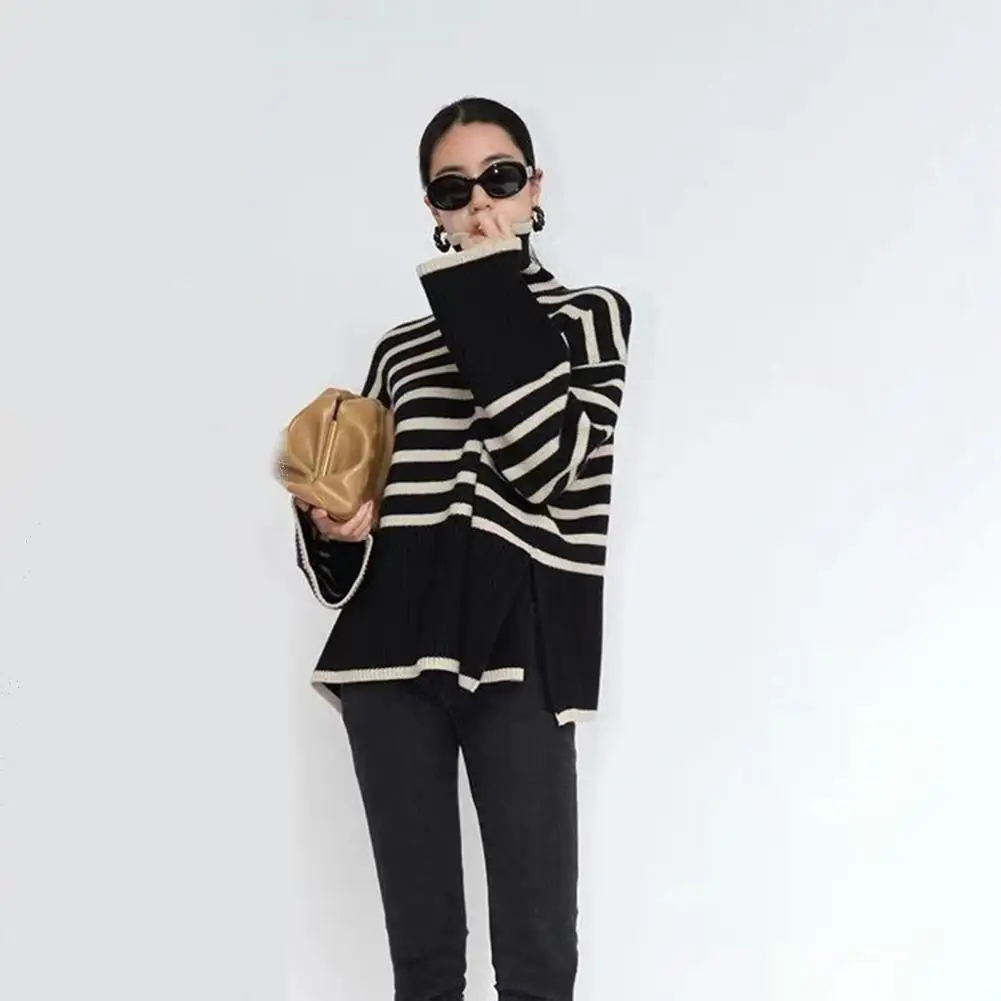 

Теплый уютный свитер, уютный стильный женский свитер с высоким воротником и принтом в полоску, Мягкий Вязаный теплый модный женский свитер с длинным рукавом на осень и зиму
