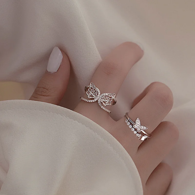 

New Style Diamond Butterfly Opening Adjustable Ring with Fashionable Hollowed Out Double Layer Butterfly Ring for Women Jewelry