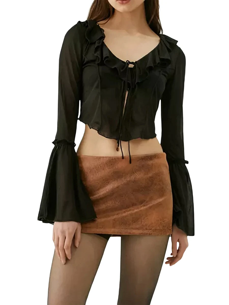 

Sexy Women T Shirt Summer Long Flared Sleeve Low Cut Ruffle Fitted Crop Tops Tie Up Crop Blouses Y2K Female Clothes Streetwear
