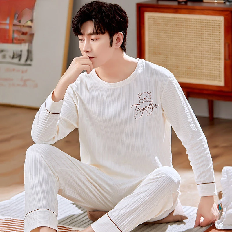 Spring Autumn Knitted Cotton Long Sleeved Men's Pajamas Sets Male Pajama Set Letter Pajama For Men Sleepwear Suit Homewear 3XL