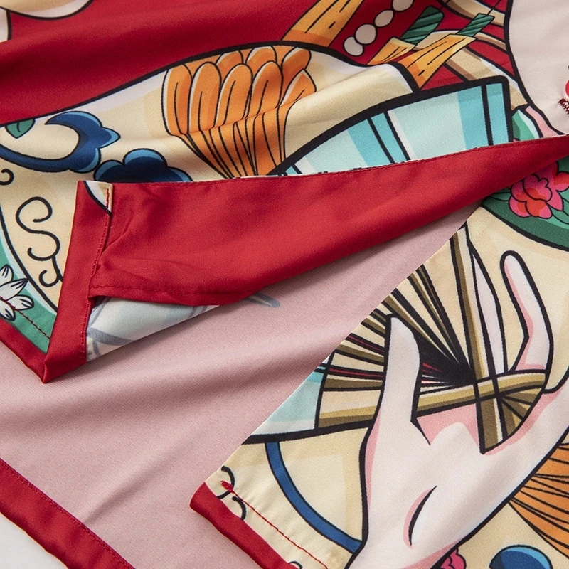 Spring Autumn New Ice Silk Thin Pajamas for Women Chinese Opera Printing Long Sleeved Trousers Suit Sleepwear Home Loungewear