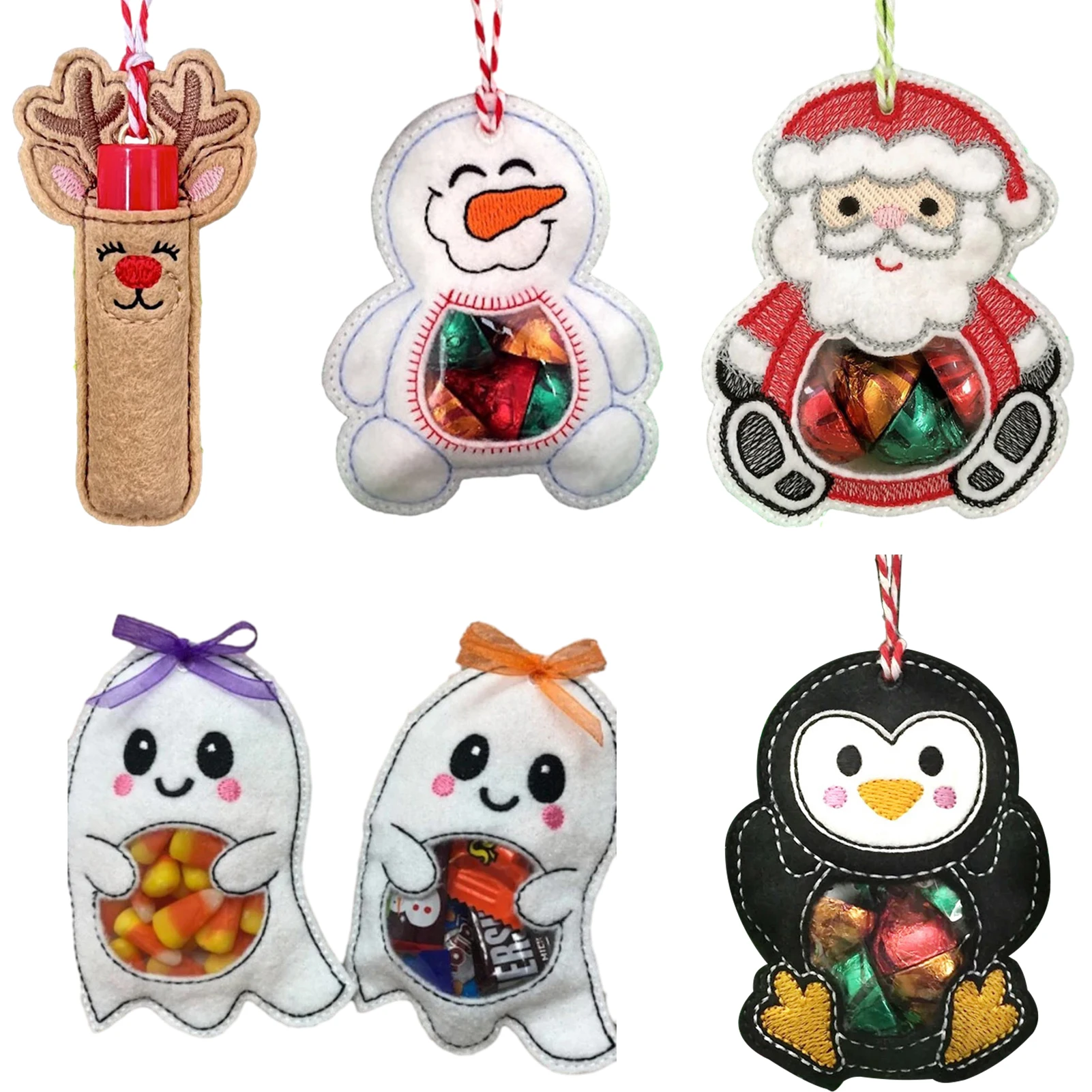 

5pcs Snowmen Birthday Halloween Decor Penguins Ghosts Kids Treat Bag Party Favor Candy Santa Claus Elk Transparent Window Gift