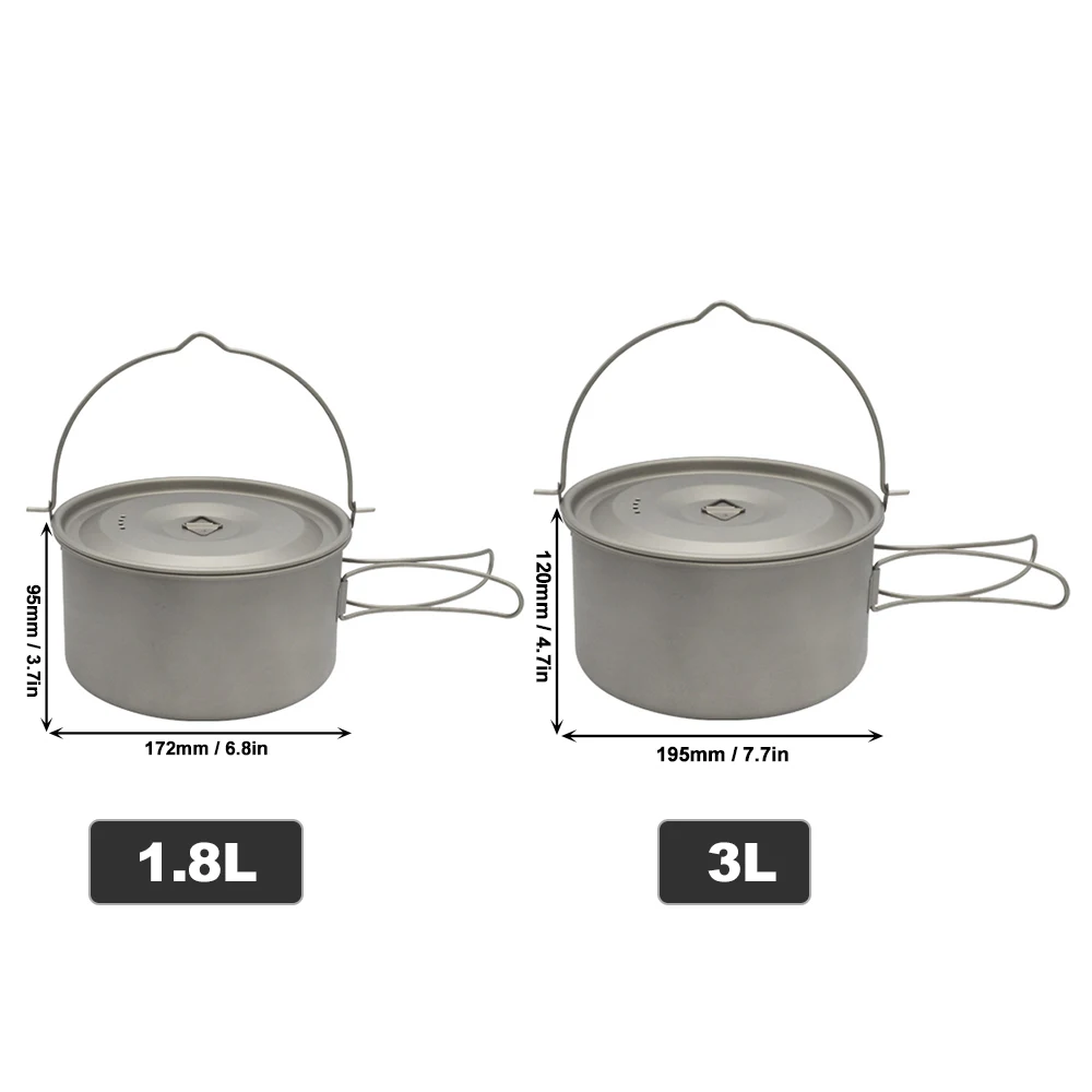 

Outdoor Camping 1.8L/3L Titanium Pot Ultralight Hanging Pot with Lid and Foldable Handle Corrosion-Resistant Backpacking Picnic